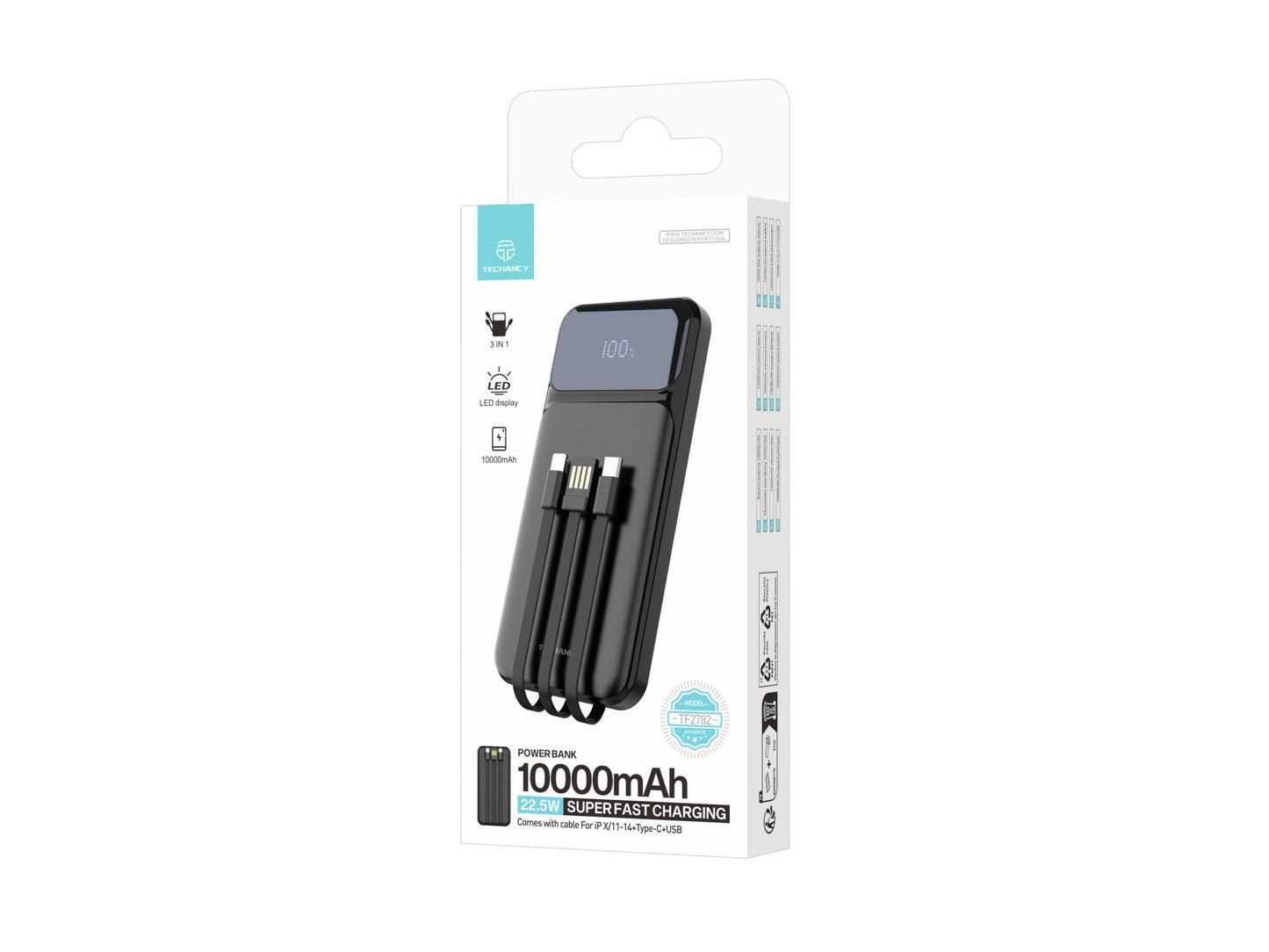 Techancy Power Bank 10000 Mah 22.5w TF2782, Cabo De Carregamento Type-C+Lightning+ Usb 3in1, Ecrã Digital De Potência