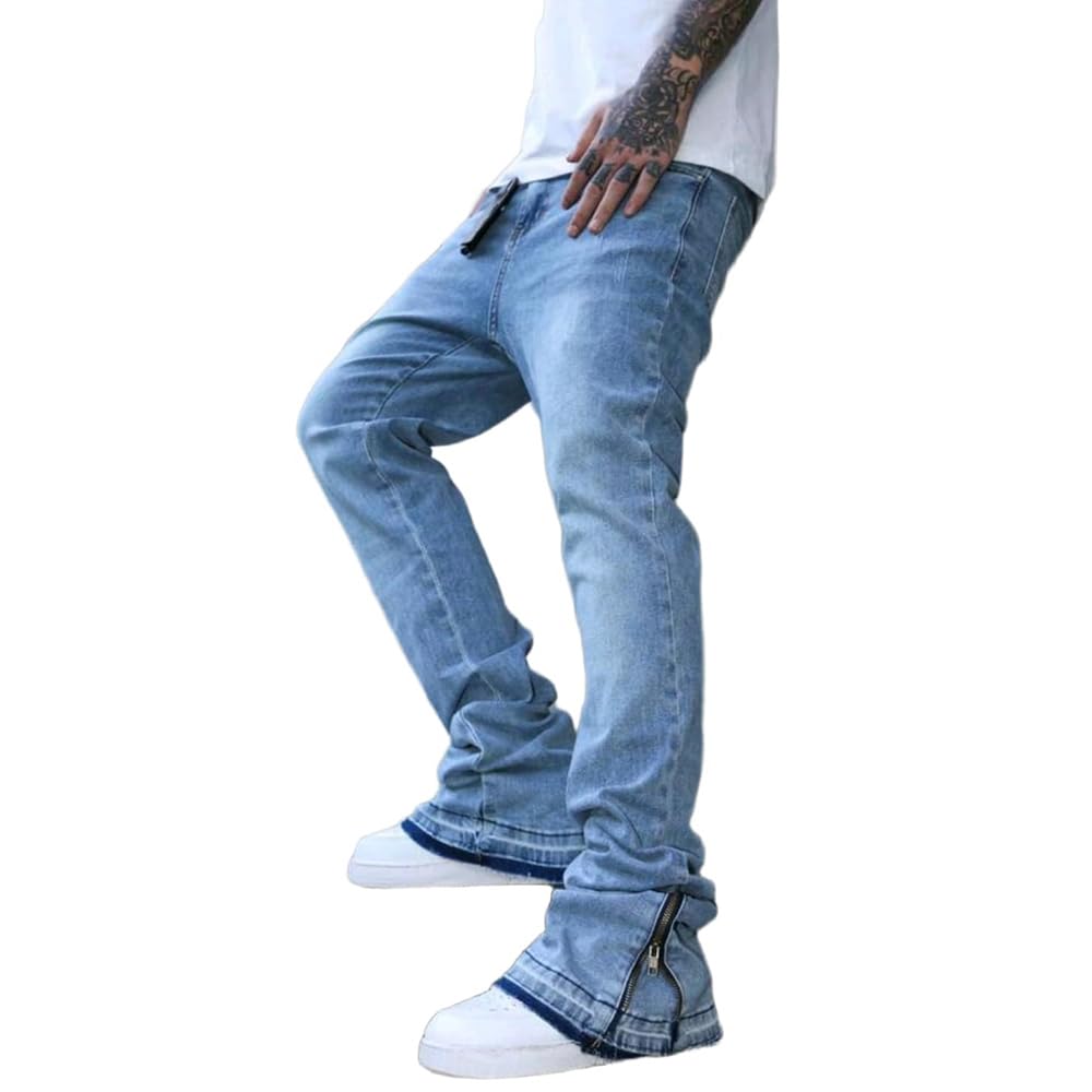 Herren Schlaghose Jeans - Vintage Flared Denim Hose mit Stacked Saum Streetwear Baggy Jeans gerades Bein Y2K Jeans Oversized BaggyJeans für Hip Hop Freizeit
