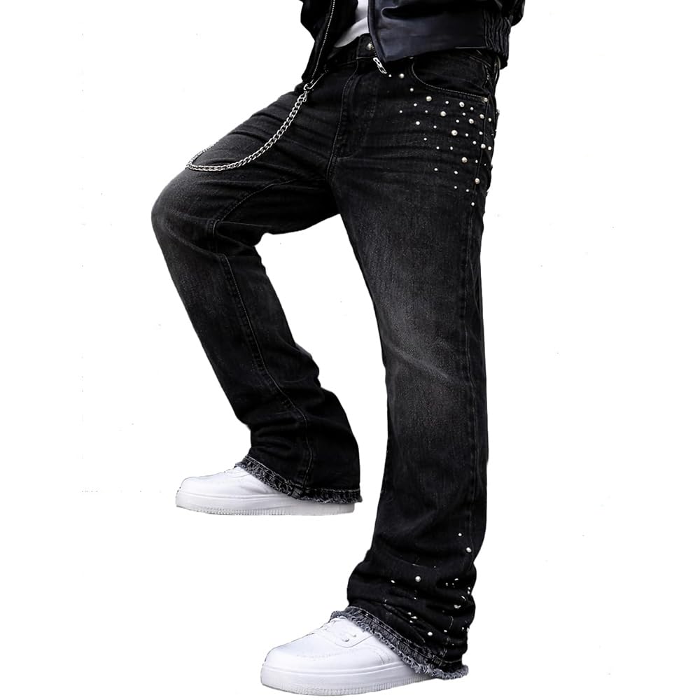 Herren Schlaghose Jeans - Vintage Flared Denim Hose mit Stacked Saum Streetwear Baggy Jeans gerades Bein Y2K Jeans Oversized BaggyJeans für Hip Hop Freizeit