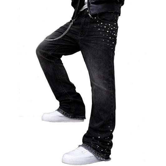 Herren Schlaghose Jeans - Vintage Flared Denim Hose mit Stacked Saum Streetwear Baggy Jeans gerades Bein Y2K Jeans Oversized BaggyJeans für Hip Hop Freizeit