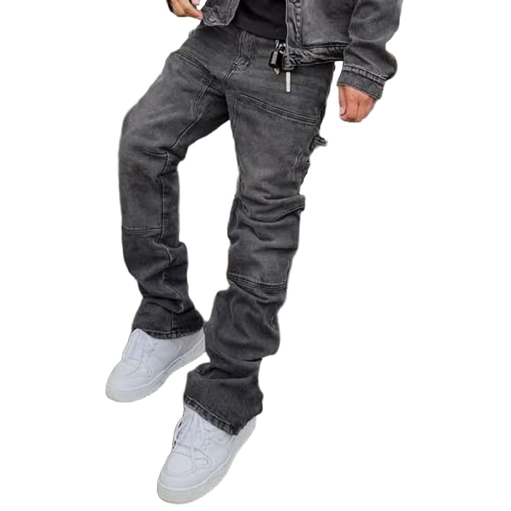 Herren Schlaghose Jeans - Vintage Flared Denim Hose mit Stacked Saum Streetwear Baggy Jeans gerades Bein Y2K Jeans Oversized BaggyJeans für Hip Hop Freizeit