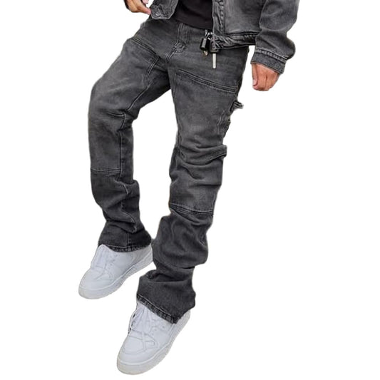 Herren Schlaghose Jeans - Vintage Flared Denim Hose mit Stacked Saum Streetwear Baggy Jeans gerades Bein Y2K Jeans Oversized BaggyJeans für Hip Hop Freizeit