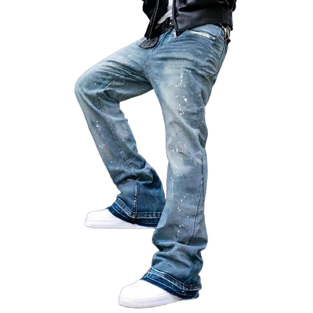 Herren Schlaghose Jeans - Vintage Flared Denim Hose mit Stacked Saum Streetwear Baggy Jeans gerades Bein Y2K Jeans Oversized BaggyJeans für Hip Hop Freizeit