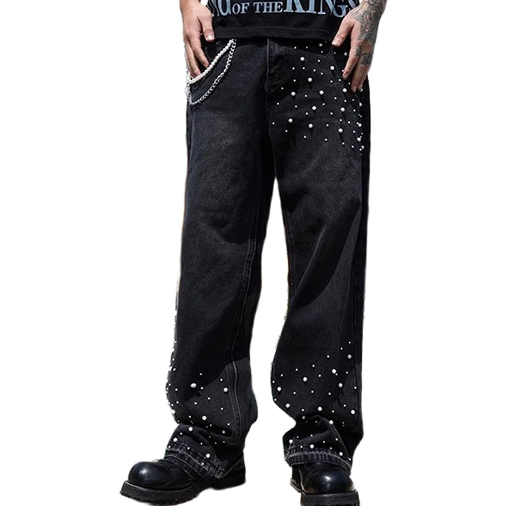 Herren Schlaghose Jeans - Vintage Flared Denim Hose mit Stacked Saum Streetwear Baggy Jeans gerades Bein Y2K Jeans Oversized BaggyJeans für Hip Hop Freizeit