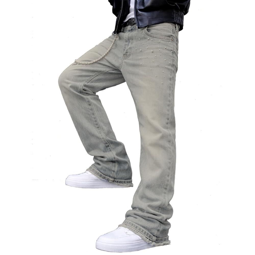 Herren Schlaghose Jeans - Vintage Flared Denim Hose mit Stacked Saum Streetwear Baggy Jeans gerades Bein Y2K Jeans Oversized BaggyJeans für Hip Hop Freizeit