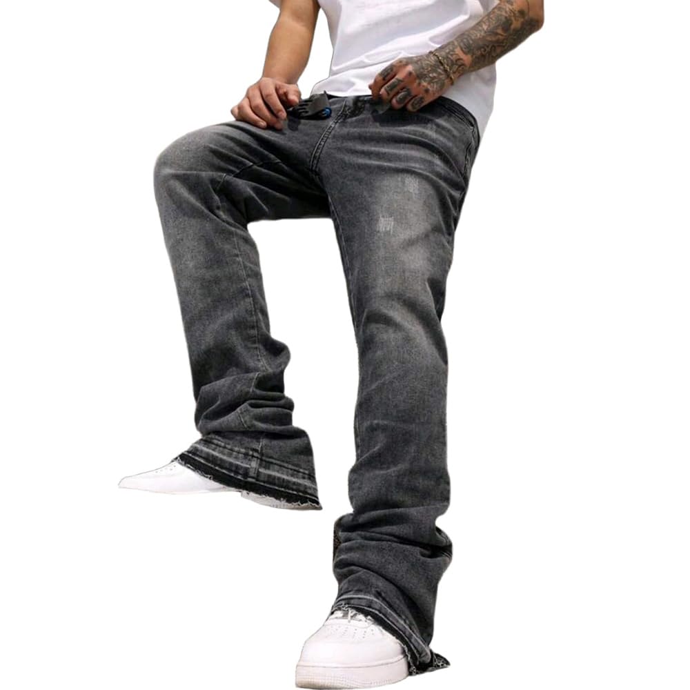 Herren Schlaghose Jeans - Vintage Flared Denim Hose mit Stacked Saum Streetwear Baggy Jeans gerades Bein Y2K Jeans Oversized BaggyJeans für Hip Hop Freizeit