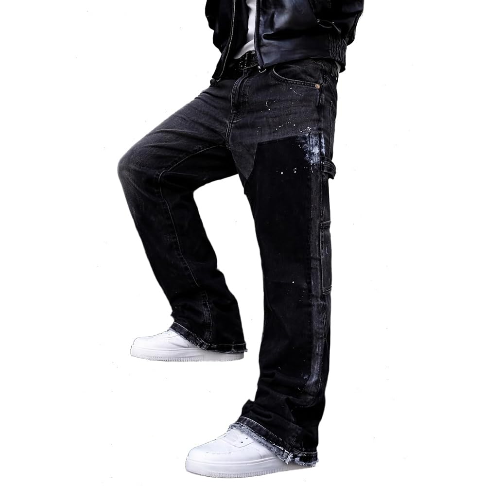 Herren Schlaghose Jeans - Vintage Flared Denim Hose mit Stacked Saum Streetwear Baggy Jeans gerades Bein Y2K Jeans Oversized BaggyJeans für Hip Hop Freizeit