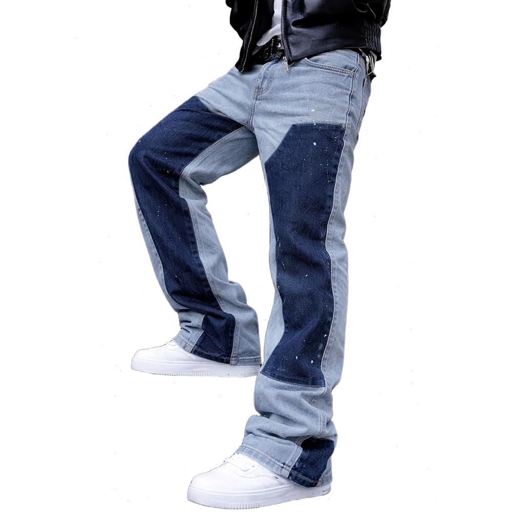Herren Schlaghose Jeans - Vintage Flared Denim Hose mit Stacked Saum Streetwear Baggy Jeans gerades Bein Y2K Jeans Oversized BaggyJeans für Hip Hop Freizeit