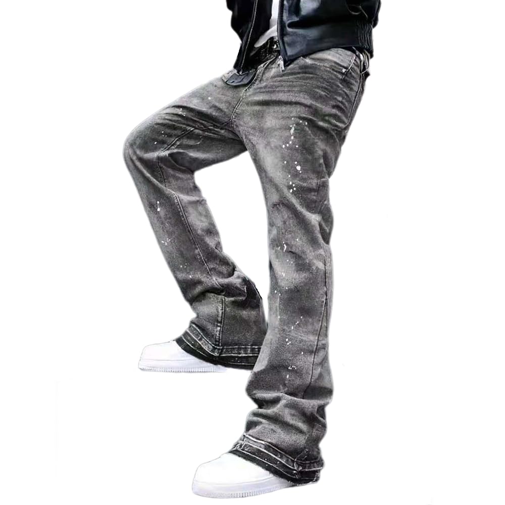 Herren Schlaghose Jeans - Vintage Flared Denim Hose mit Stacked Saum Streetwear Baggy Jeans gerades Bein Y2K Jeans Oversized BaggyJeans für Hip Hop Freizeit