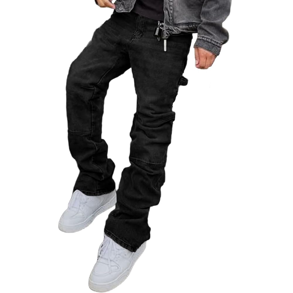 Herren Schlaghose Jeans - Vintage Flared Denim Hose mit Stacked Saum Streetwear Baggy Jeans gerades Bein Y2K Jeans Oversized BaggyJeans für Hip Hop Freizeit