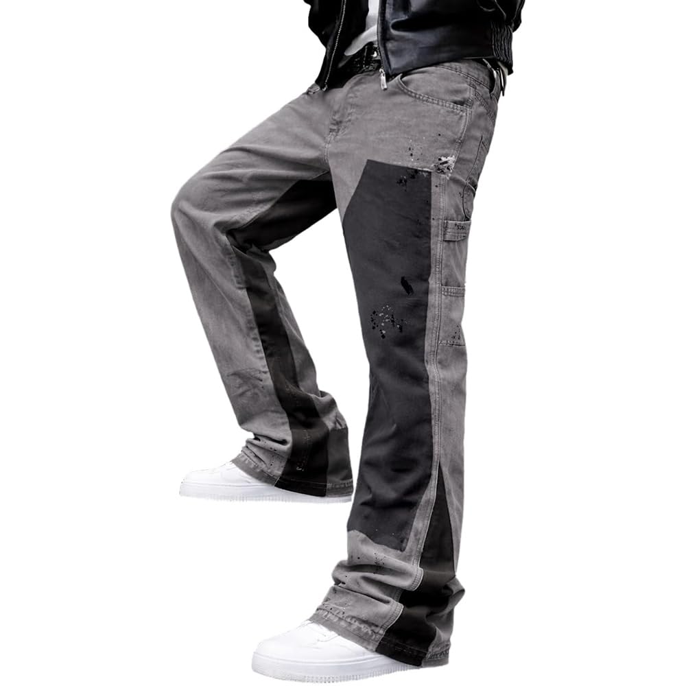 Herren Schlaghose Jeans - Vintage Flared Denim Hose mit Stacked Saum Streetwear Baggy Jeans gerades Bein Y2K Jeans Oversized BaggyJeans für Hip Hop Freizeit