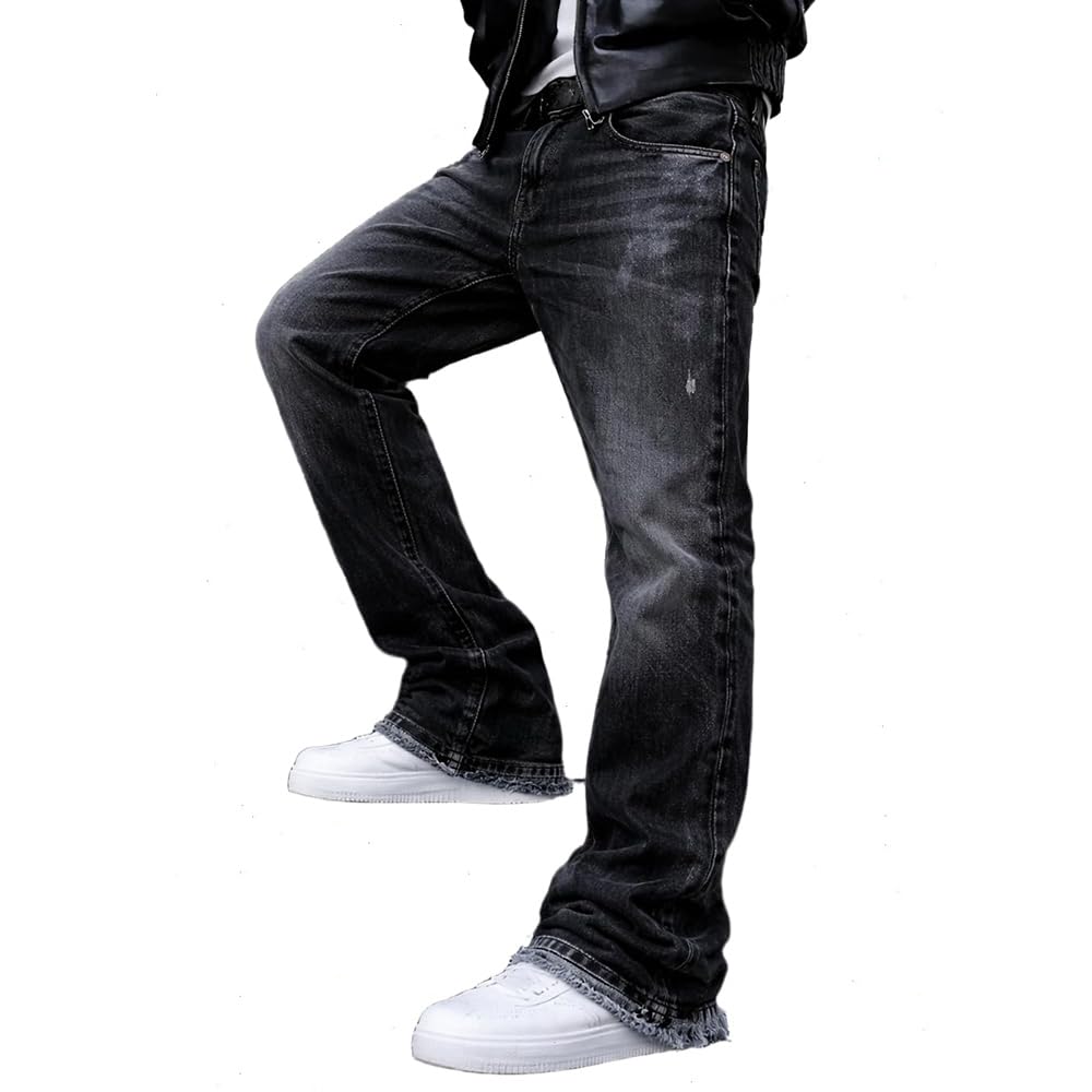 Herren Schlaghose Jeans - Vintage Flared Denim Hose mit Stacked Saum Streetwear Baggy Jeans gerades Bein Y2K Jeans Oversized BaggyJeans für Hip Hop Freizeit