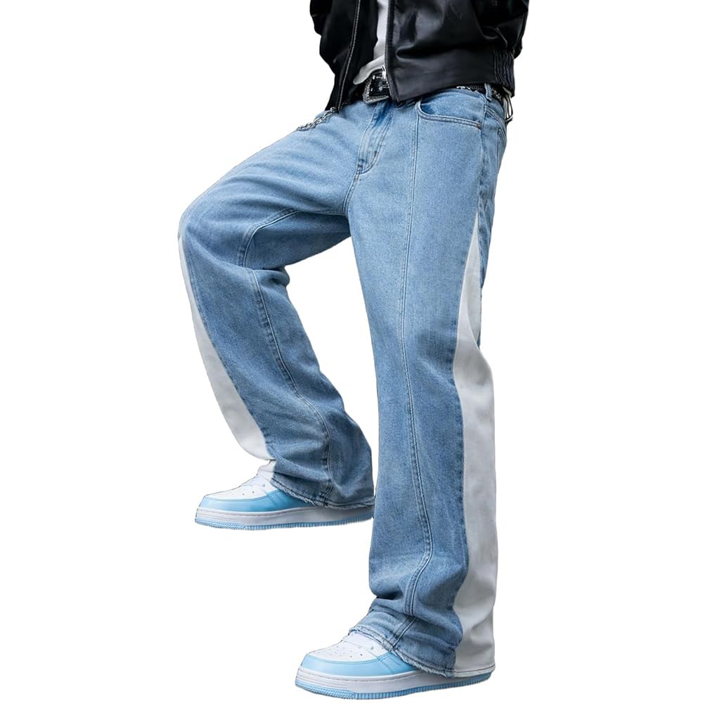 Herren Schlaghose Jeans - Vintage Flared Denim Hose mit Stacked Saum Streetwear Baggy Jeans gerades Bein Y2K Jeans Oversized BaggyJeans für Hip Hop Freizeit