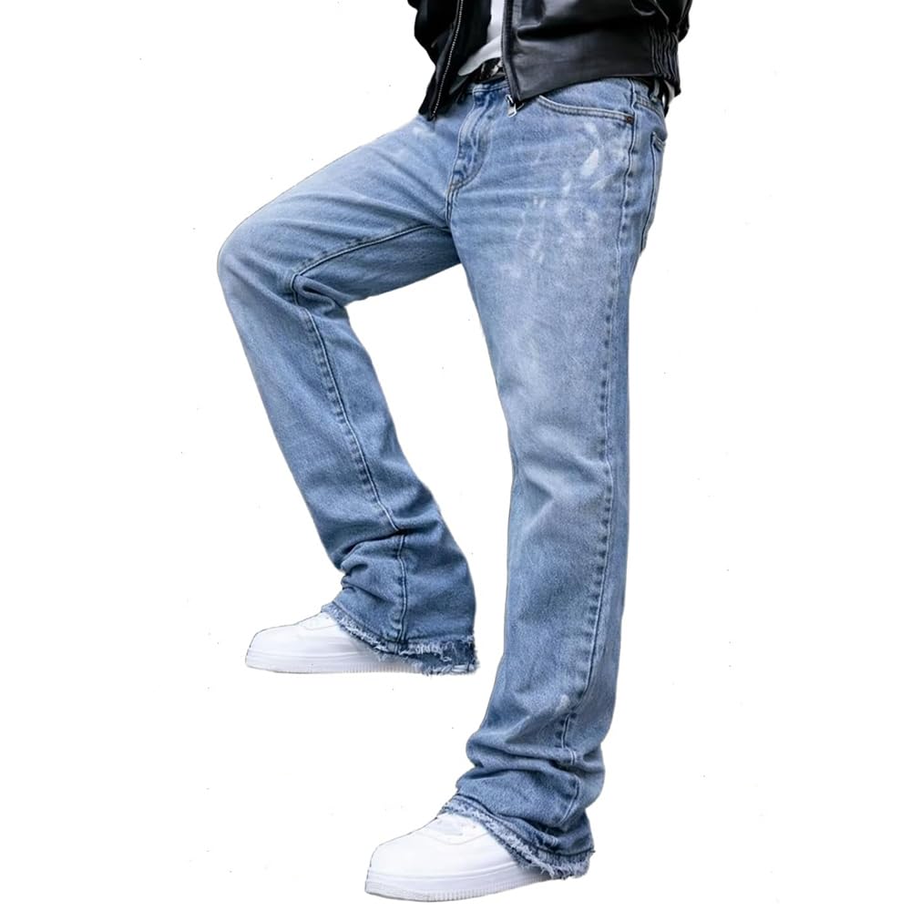 Herren Schlaghose Jeans - Vintage Flared Denim Hose mit Stacked Saum Streetwear Baggy Jeans gerades Bein Y2K Jeans Oversized BaggyJeans für Hip Hop Freizeit
