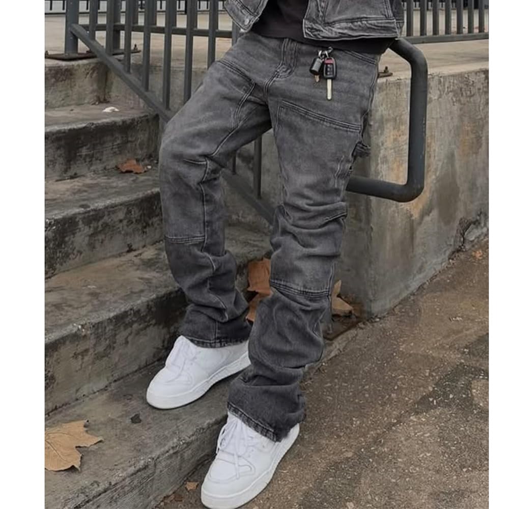 Herren Schlaghose Jeans - Vintage Flared Denim Hose mit Stacked Saum Streetwear Baggy Jeans gerades Bein Y2K Jeans Oversized BaggyJeans für Hip Hop Freizeit