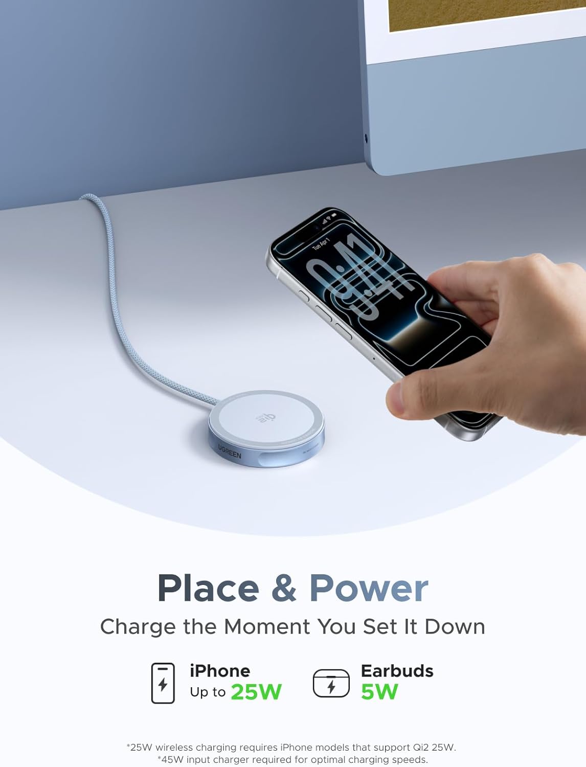 UGREEN MagFlow Magnetisches Wireless Charger 25W, Qi2 zertifizierte Kabelloses Ladepad kompatibel mit MagSafe für iPhone 17/16 Serie & AirPods, mit 1.5m geflochtenem Kabel