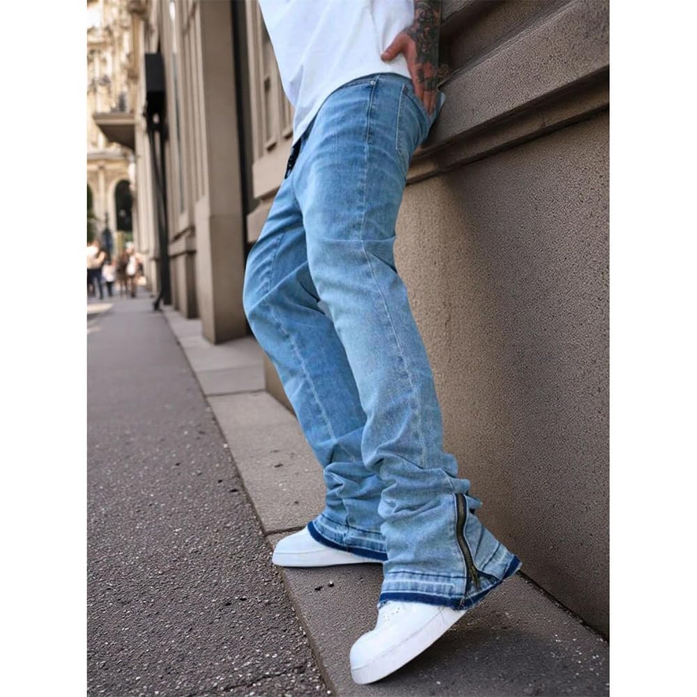 Herren Schlaghose Jeans - Vintage Flared Denim Hose mit Stacked Saum Streetwear Baggy Jeans gerades Bein Y2K Jeans Oversized BaggyJeans für Hip Hop Freizeit