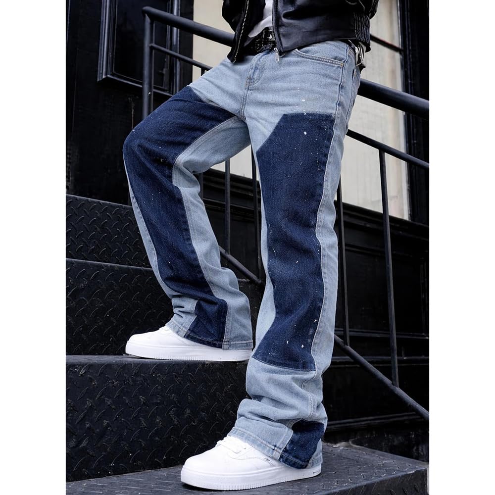 Herren Schlaghose Jeans - Vintage Flared Denim Hose mit Stacked Saum Streetwear Baggy Jeans gerades Bein Y2K Jeans Oversized BaggyJeans für Hip Hop Freizeit