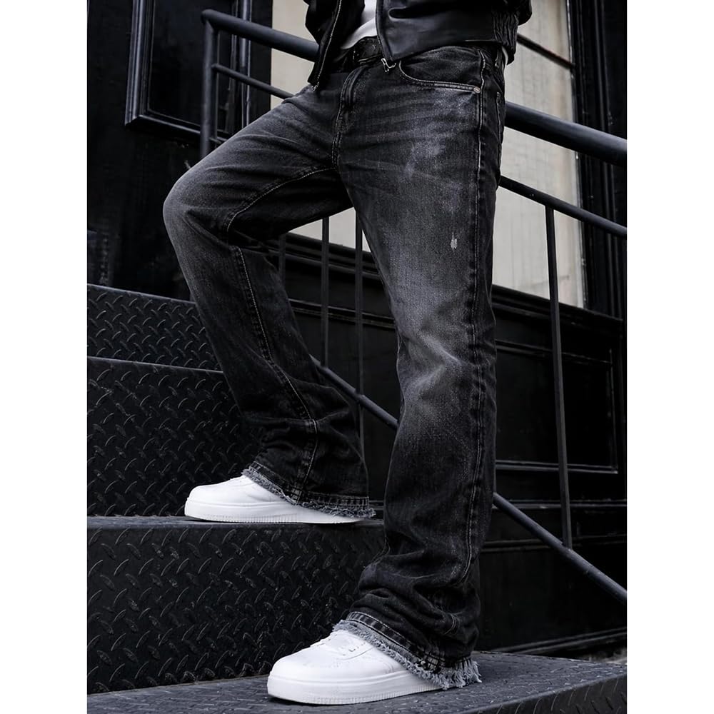 Herren Schlaghose Jeans - Vintage Flared Denim Hose mit Stacked Saum Streetwear Baggy Jeans gerades Bein Y2K Jeans Oversized BaggyJeans für Hip Hop Freizeit