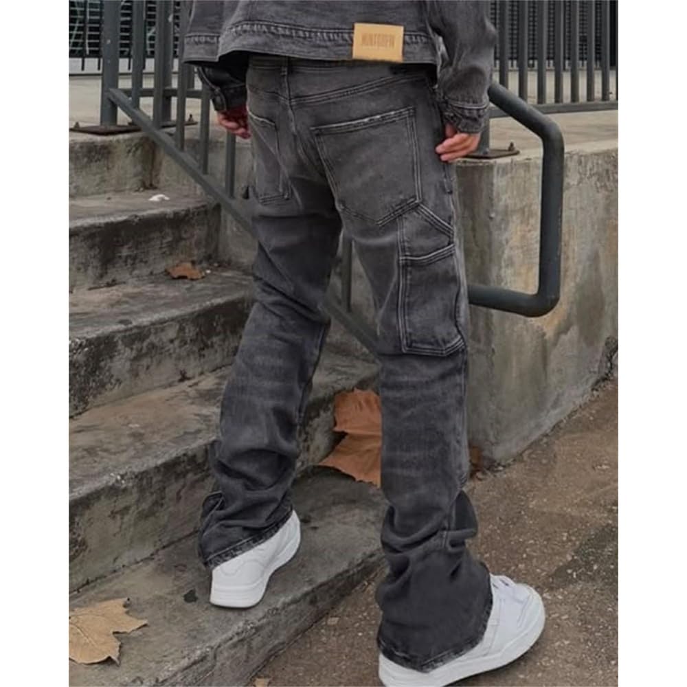 Herren Schlaghose Jeans - Vintage Flared Denim Hose mit Stacked Saum Streetwear Baggy Jeans gerades Bein Y2K Jeans Oversized BaggyJeans für Hip Hop Freizeit