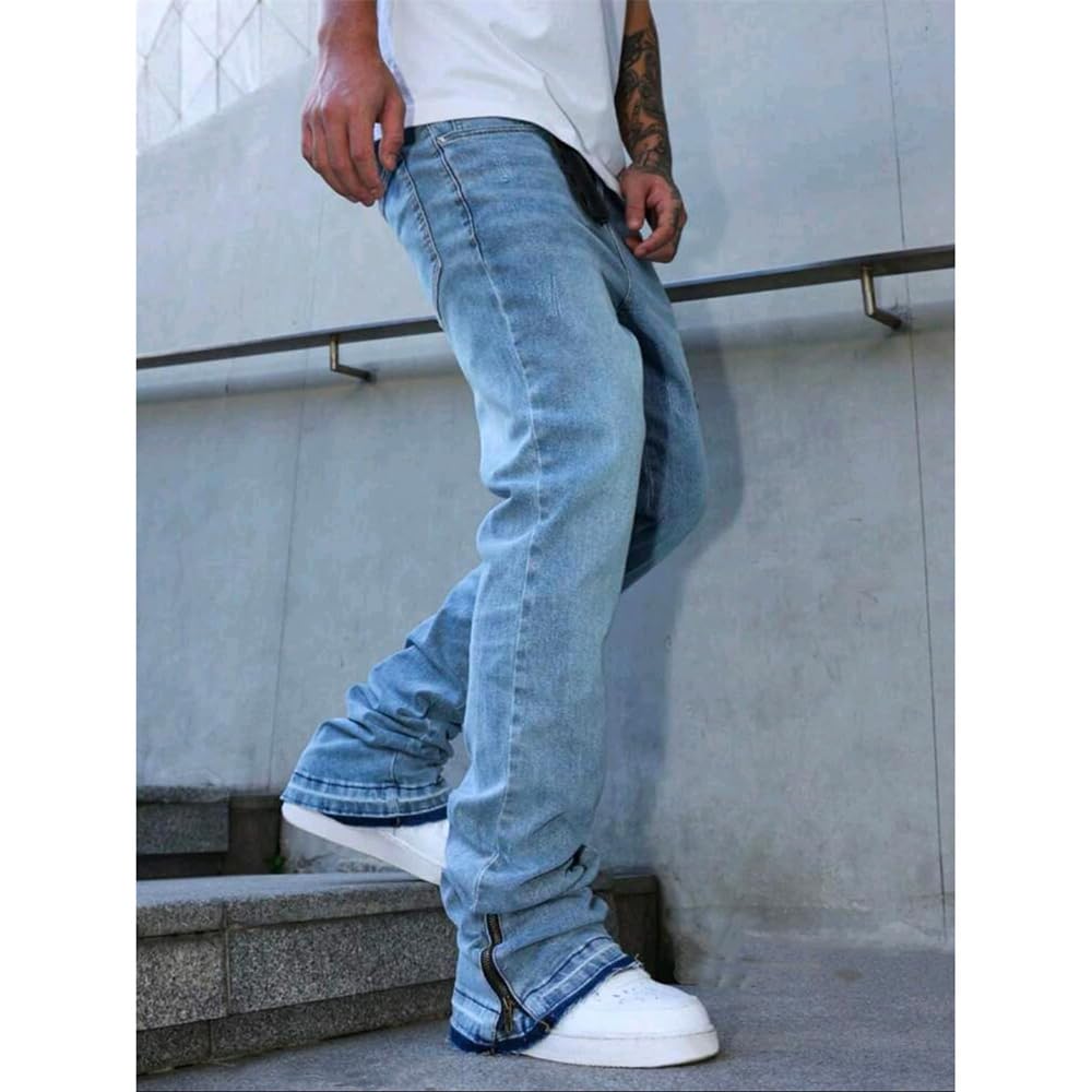 Herren Schlaghose Jeans - Vintage Flared Denim Hose mit Stacked Saum Streetwear Baggy Jeans gerades Bein Y2K Jeans Oversized BaggyJeans für Hip Hop Freizeit