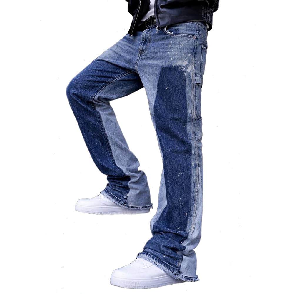 Herren Schlaghose Jeans - Vintage Flared Denim Hose mit Stacked Saum Streetwear Baggy Jeans gerades Bein Y2K Jeans Oversized BaggyJeans für Hip Hop Freizeit