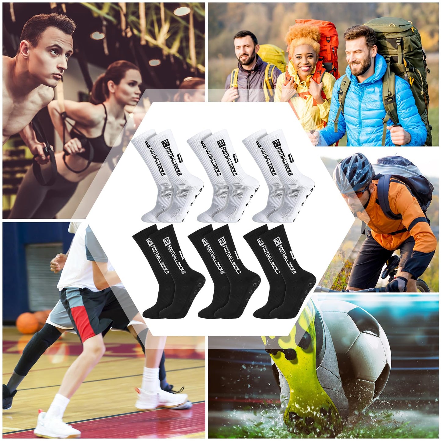 Apricitie 6 Paare Fußball Socken,Sportsocken 39-46 Anti Rutsch Grip Fussball Socken Rutschfeste Fußballsocken für Herren Damen Fussball Basketball Laufen Radfahren